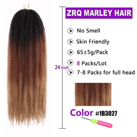 ZRQ 8 Packs Marley Hair Crochet Braids,24 Inch Afro Kinky Marley Braiding Hair, Synthetic Curly Twist Marley Hair, Long Springy Afro Twist Hair Extensions (1B3027#,8 Packs)