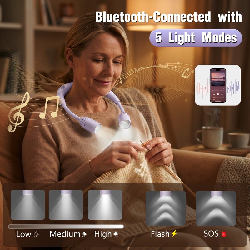 Plynvexa LED Book Light with Bluetooth Speaker,Bendable Neck Light 2600mAh