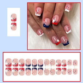 4th of July Press On Nails Extra Short Square,YEFIUO Pink Fake Nails Press ons Nail Art Tip Acrylic Nail Kit Glue on Nails Full Cover False Nails with Blue Red White French Dot Design for Ma'am 24 Pcs
