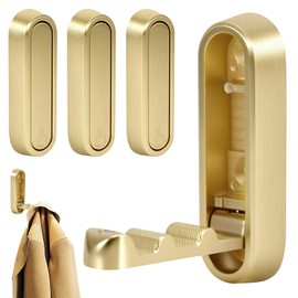 Kinberry Folding Wall Mount Hooks -Heavy Duty Coat Hooks for Wall Retractable, Stainless Steel Racks Premium Design Rust Free for Towels/Backpacks/Bags 4Pcs (Gold)