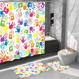 NTETSN 4 PCS Watercolor Shower Curtain, Handprint in Rainbow Color Bathroom Curtain Sets for Kids,Non-Slip Rugs, Toilet Lid Cover, Bath Mat Curtain 72x72 Inch SETYYNT4