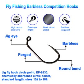 Eupheng 100pcs Plus Best Barbless Competition Fly Fishing Hook Collection, Dry Nymph Strimp&Pupa, Pupa jig Fly Hooks High Carbon Competition Hook (Jig Fly Hook Circle Point EP-9230, 10#)