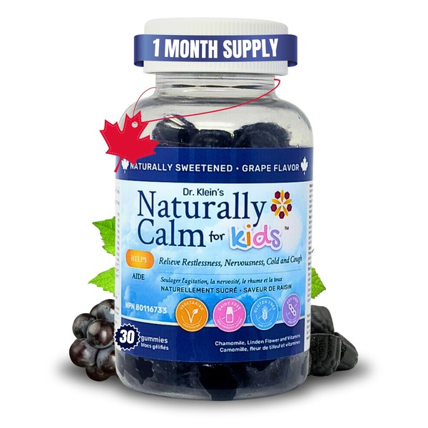 Dr. Klein's Naturally Calm Gummies For Kids. Grape Flavour. Relieves