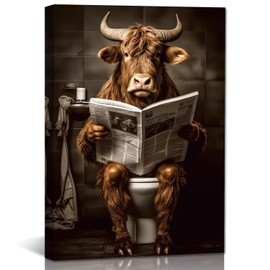GLOKAKA Funny Cute Highland Cow Wall Art Humor Animal Bathroom Artwork Print for Living Room, Bathroom, Bedroom, Kids Bathroom Decor Ready to Hang (Cow 02, 12"x18")
