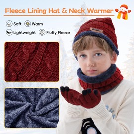 PONCEAU Fleece lined boys hats scarf and gloves set kids Knitted winter boys beanie hat warm thermal neck warmers and touch screen gloves set Red