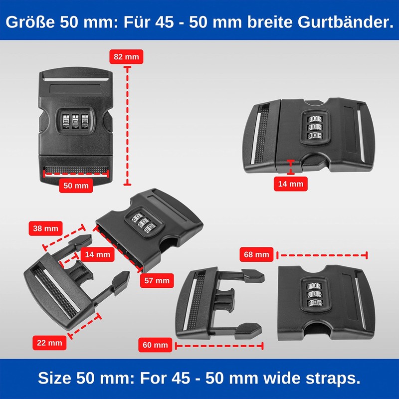 2 x 50mm Black Plastic Combination Lock Buckles for up