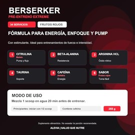 BERSERKER Pre Entreno Extreme | 34 Servicios | Con Citrulina, Beta-Alanina, Arginina, Taurina y Cafeína | Sabor Frutos Rojos | Suplemento Pre Workout 