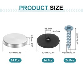 uxcell 24pcs Screw Covers Caps, 25mm Dia Stainless Steel Mirror Screws Decorative Cover Caps Nails Convex Gasket Mirror Screw Fasteners for Sign Advertising Hardware Construction, Silver