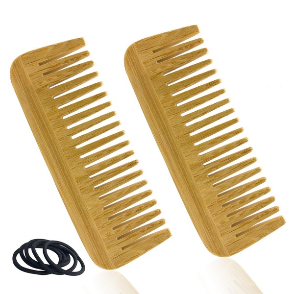 Curling Comb, Natural Curls, Wide Tooth Comb, Wooden Hair Comb for Women, Smooth Large Comb for All Hair Types, 2 Pieces, with Hair Bands 5 Pieces