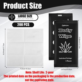 Cptoion 200 Pcs Shower Body Wipes,Individually Wrapped Body Wipes,Shower Wipe with Aloe,Face Hand Wipe for Adults Bathing No Rinse,Cleansing Wipe,Keep Clean After Gym Camping Outdoors Sports