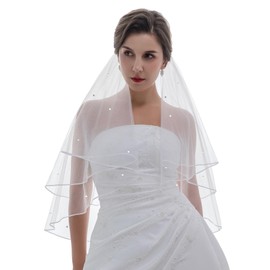 SAMKY 2T 2 Tier 1/8" Ribbon Crystal Circular Veil - White Fingertip Length 36" V518