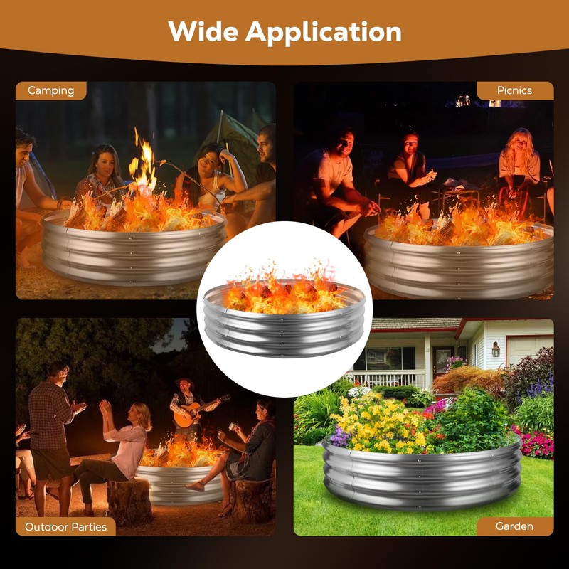 Raynesys 60 Inch Round Galvanized Fire Pit Ring, Silver Round