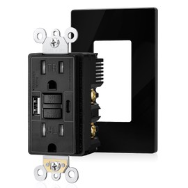 SURAIELEC 15 Amp GFCI Outlet with USB Ports, Self-Test GFCI Combination with USB-C & USB-A, Tamper-Resistant GFCI Electrical Outlet, GFCI USB Outlet with Screwless Wall Plate, ETL Listed, Black,1-Pack