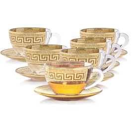 Red Co. Set of 6 Decorated Clear Glass 5 Fl Oz Tea Cups with Golden Greek Key Trim and Matching Saucers