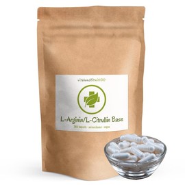 L-Arginin Base + L-Citrullin Base (kein Malat!) - 360 vegane Kapseln - optimal hochdosiert mit 3000 mg pro Tag aus L-Arginin (3000 mg) + L-Citrullin (2000 mg) - ohne Hilfs- u. Zusatzstoffe