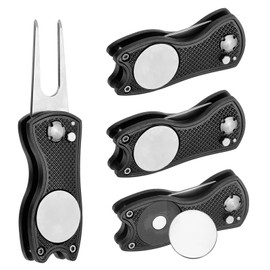 PATIKIL Golf Divot Repair Tool, 4 Pack Foldable Metal Golf Green Divot Tool with Magnetic Ball Marker & Stainless Steel Fork for Golfer, Black