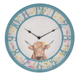 Country Living - Blue Highland Cow Clock - Indoor & Garden Homeware and Gifting - Spring/Countryside Theme Home Decor - Designed for Outside Use - H: 25cm x W: 25cm.