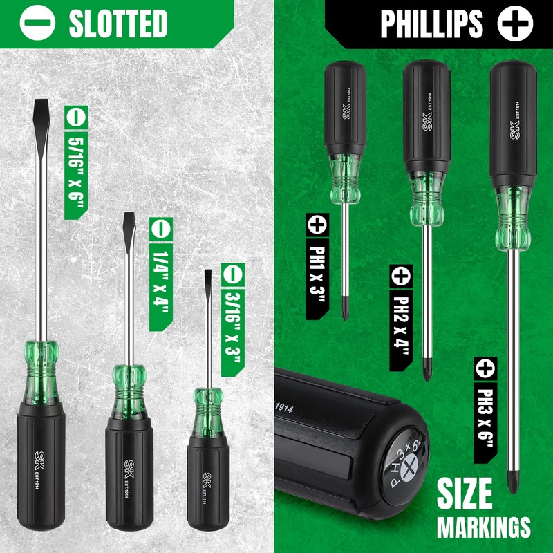 SK 6-Piece Acetate Screwdriver Set, S2 Steel, 3 Slotted &