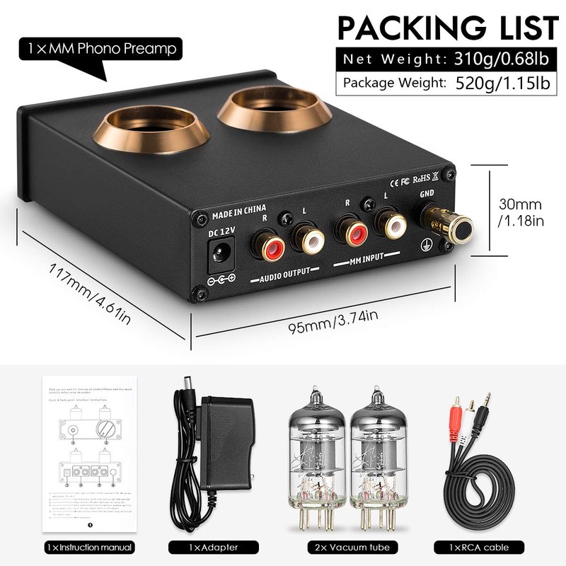 Vacuum Tube Phono Preamp, MM Turntable Preamplifier for Record Player/Home
