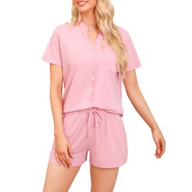 Vlazom Women's Cotton Pyjamas Set, Button Down Soft Pj's Sets Short Sleeve Top and Shorts for Summer Loungewear Sleepwear B-Pink,S