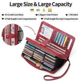 GAEKEAO Leather Credit Card Holder Wallet for Women RFID Blocking Large Capacity Bifold Zipper Card Case Organizer with Wristlet 45 Slots