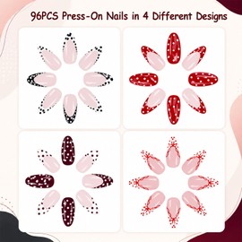 96Pcs Short Almond Press On Nails, Polka Dot False Nails with Nail Jelly Glue, Including 4 Styles Full Cover Stick on Nails, Reusable & Cute Nails Press Ons for Women Girls