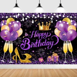 YinQin 180x120 cm Glitter Purple Gold Happy Birthday Backdrops Cloth 71x47 in. Black Purple Golden Birthday Photography Backgrounds Happy Birthday Sign Birthday Party Banner Decorations for Girl Women