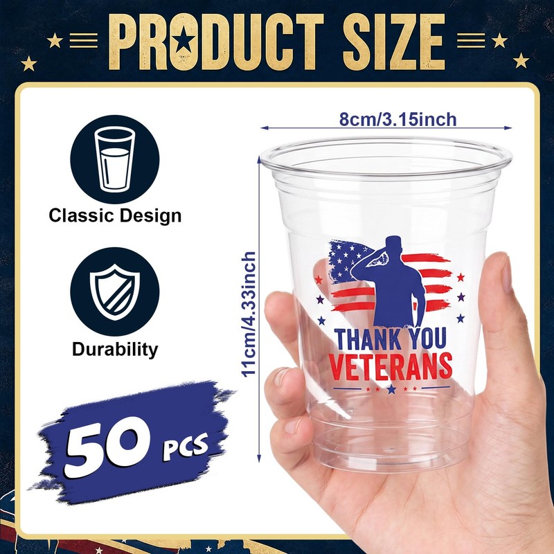 50 Pcs Veterans Day Plastic Cups,12oz Veterans Day Decorations