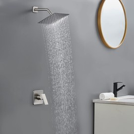 POPFLY Shower Faucet Set System, 8 Inch Square Rainfall Single Function Shower Faucet Trim Kit with Rough-In Valve, Brushed Nickle…