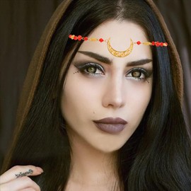 Flimire Boho Crescent Moon Head Chain Vintage Crystal Headpieces Chains Witchy Rhinestone Foreheaed Accessories for Women (Gold Red, Free Size)