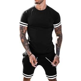 Babioboa Mens Casual Sport Set Summer Outfit 2 Piece Short Sleeve Shirts and Shorts Casual Sweatsuit Set(Black,Medium)