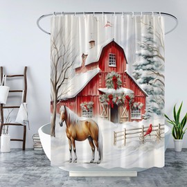 WZFashion Christmas Horse Shower Curtain Rustic Farmhouse Barn Door Xmas Tree Wild Animal Nature Snow Forest Winter Holiday Vintage Fabric Bathroom Curtain Set with Hook
