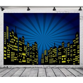 CORFOTO 10x6.5ft Fabric Cartoon Super City Backdrop for Super City Themed Party Supplies City Background Birthday Banner Urban Night View Boom City Buildings Backdrops Super Boys Props