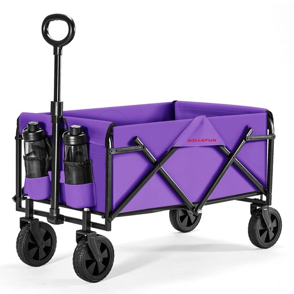 Rollefun Wagon Cart with Wheels Foldable - Collapsible Utility Wagon Heavy Duty, Folding Grocery Wagon, All Terrain Wagon Outdoor Camping Garden, Purple
