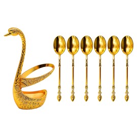 VOANZO Teaspoons Set of 6 with Tea Spoon Rest Gold Swan Spoon Rest for Coffee Spoons Tea Spoon Dessert Spoon