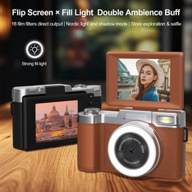 Andoer 4K Digital Camera 48MP Resolution 18X Zoom Compact Travel Size for Selfie and Video Recording Black (Brown)