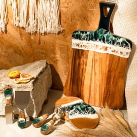 Resin Cutting Board with Handle 14"L x 8.6"W Green Ocean Wave Charcuterie Boards for Meat Fan Cheese Board Bread Serving Board Kitchen Tools House Warming New Home Gift Idea