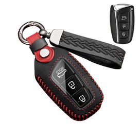 ontto Leather Car Key fob Cover fit for Hyundai Grand Santa Fe IX35 IX45 Genesis Equus Azera 2013-2018 3/4 Buttons Key case Keychain Keyring Accessories Key Bag Key Holder Key Shell Protector Black A