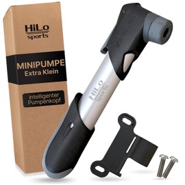 HiLo sports Mini Bicycle Pump for All Valves - Intelligent Pump Head - Automatic Valve Change - 6 Bar Mini Air Pump - Small Bicycle Pump with Frame Bracket and Screws (Silver-Black)