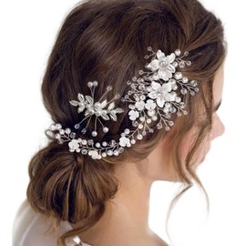 RainFlowwer Accesorios para El Cabello con Flores Plateadas para Bodas Y Graduaciones, Diadema de Cristal con Perlas Y Pieza para El Cabello Plateada.