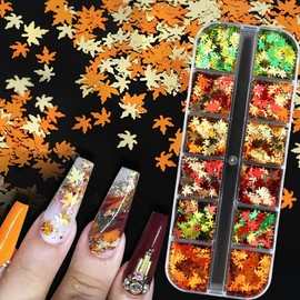 12 Grids 3D Maple Leaf Nail Glitter Sequins Fall Nail Art Stickers Decals Maple Leaves Glitter Flakes Autumn Nail Sequin Nail Designs Charms Thanksgiving Glitter for Acrylic Nails Design Supplies