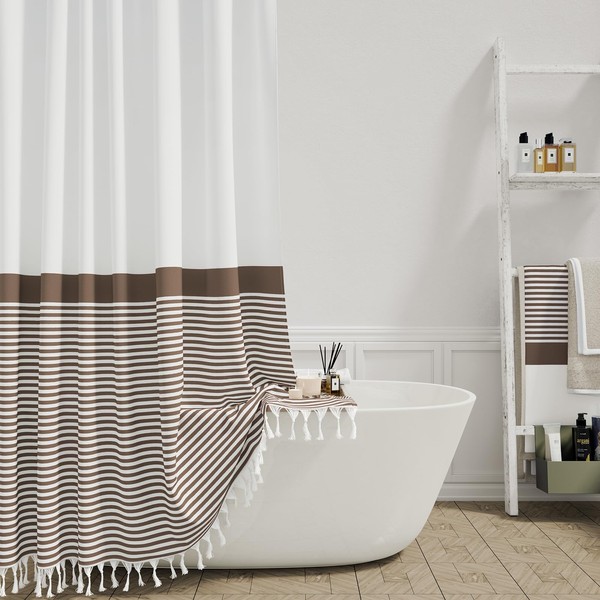 Dynamene 78 Inches Long Shower Curtain, Farmhouse Boho Striped Fabric