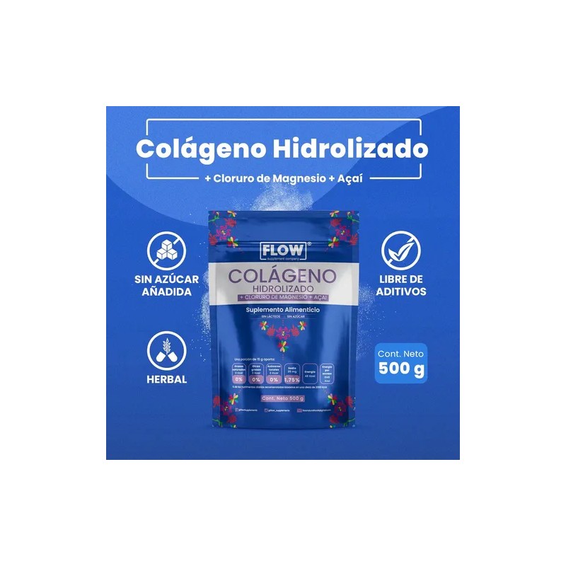 Colágeno Hidrolizado Cloruro De Magnesio 500 Grs Flow Sabor Açaí