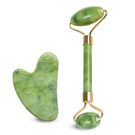 Gua Sha Stone & Jade Face Roller Set - Anti Aging Jade Gua Sha Face Massage Tool for Wrinkles- Eye Roller for Dark Circles and Puffiness - Organic Face Rollers for Women & Men- Jawline Shaper Stone