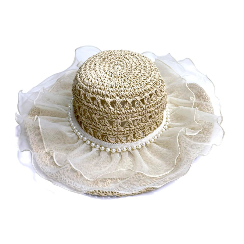 [NAMEOF] オーガンジーフリル 帽子 レディース 麦わら帽子 ハット ストローハット レディース UVカット 日除け帽子