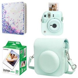 Starter Kit For Fuji Instax Mini 12 Mint Green Includes Mini Instant Film 20 Photos, Solid Colour Protective PU Leather Case for Instax Mini 12 & 64 Pockets 3 Inch Mini Photo Book Album