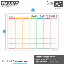 WallTAC Wall Planner and Dry Erase Monthly Calendar A3 | Reusable, Removable and Re-Positionable Whiteboard | with 4 Dry Wipe Pens + Eraser (Modern Multi-Colour, A3)