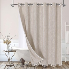MitoVilla No Hooks Required Boho Farmhouse Shower Curtain with Snap-in Liner, Taupe Cotton Linen Fabric Shower Curtains with Tassels for Rustic Neutral Bathroom Decor,72 x 74