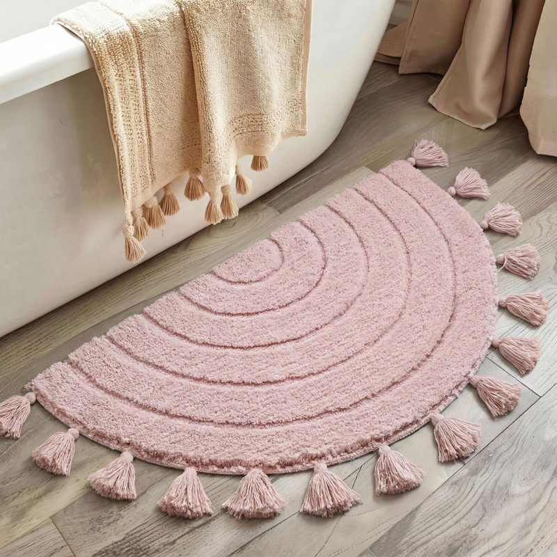 Boho Bathroom Rugs Vintage Half Circle Bath Mat with Tassels
