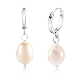 LIAN 18K Gold Plated Hoop Earrings Freshwater Pearl Huggie Earrings Chunky Hoops Drop Dangle Earrings for Women Dainty Jewelry Gifts Silver